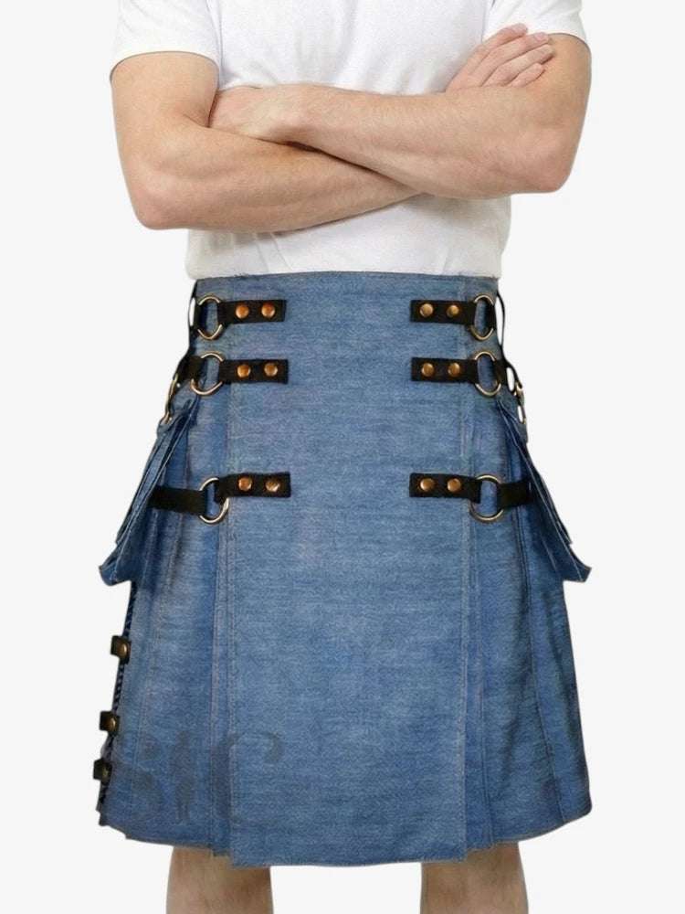 Gonna Scozzese in Denim Blu con Cinghie Regolabili