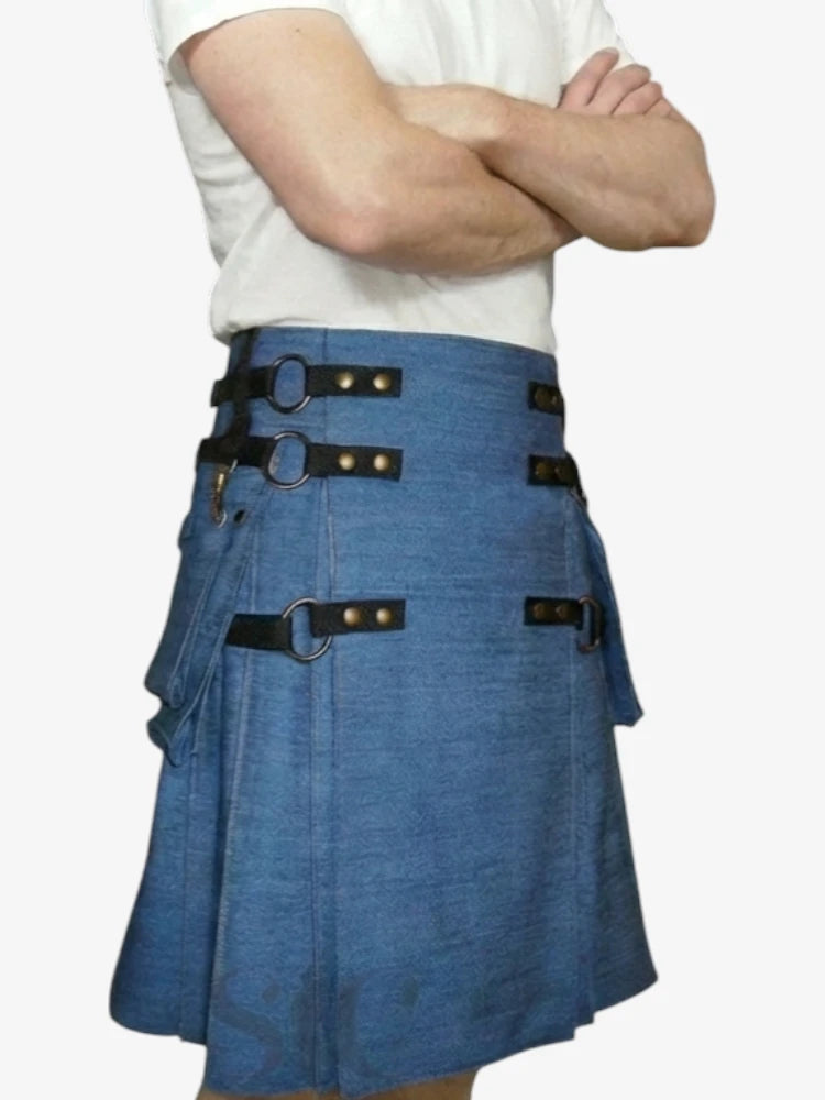 Gonna Scozzese in Denim Blu con Cinghie Regolabili