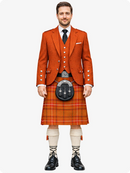 Man wearing a traditional Scottish kilt with an orange jacket on a white background