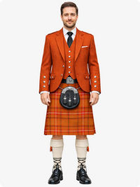 Man wearing a traditional Scottish kilt with an orange jacket on a white background