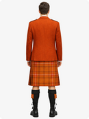 Person wearing a traditional orange kilt with jacket on a white background