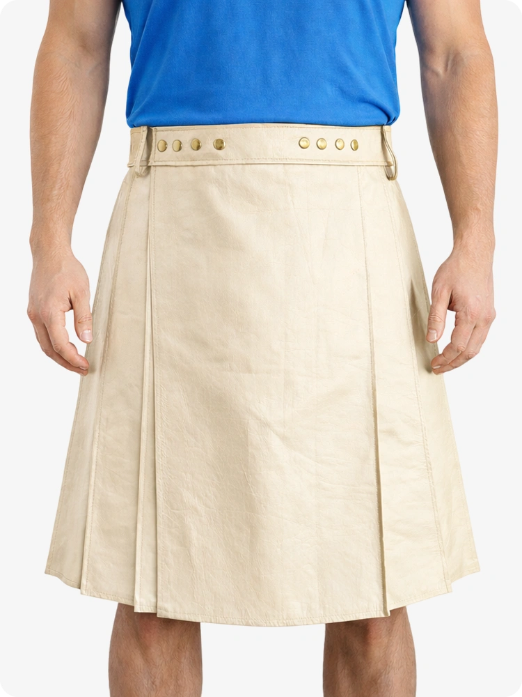 Beige Cream Genuine Leather Utility Kilt with Studded Waistband