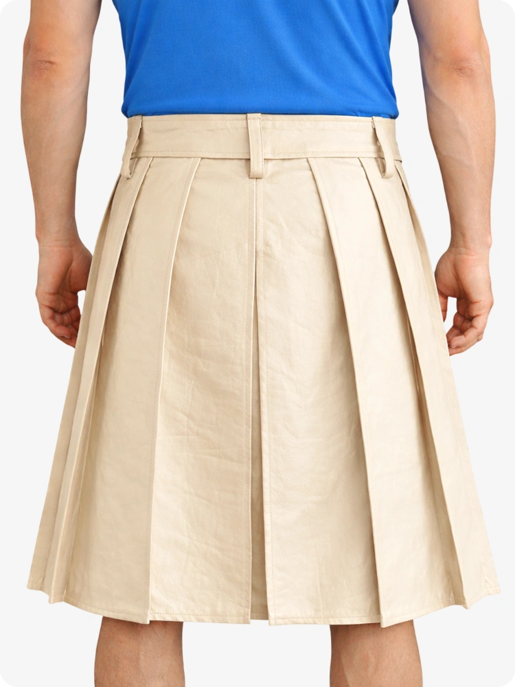 Beige Cream Genuine Leather Utility Kilt with Studded Waistband