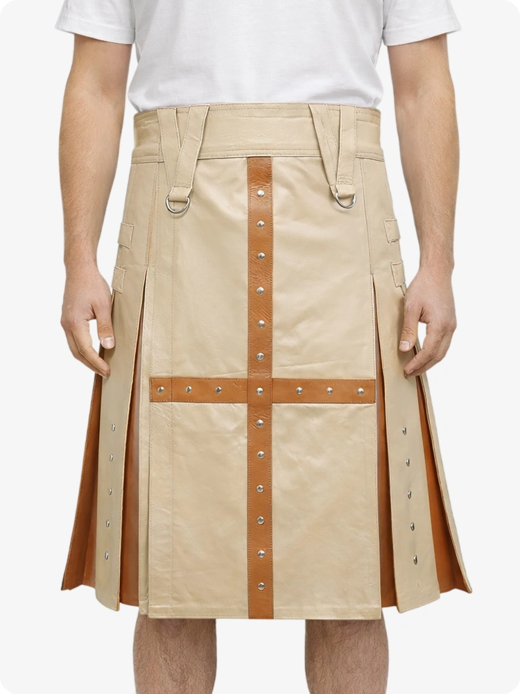 Beige Cream Leather Utility Kilt with Brown Cross Panel & Metal Rivet Detailing