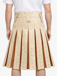 Beige pleated skirt with brown accents worn by a person on a white background