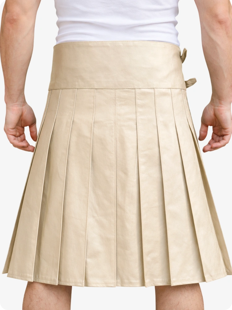 Beige Cream Leather Utility Kilt with Front Pocket & Adjustable Buckle Straps