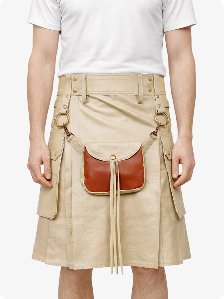Beige Cream Leather Utility Kilt with Front Sporran
