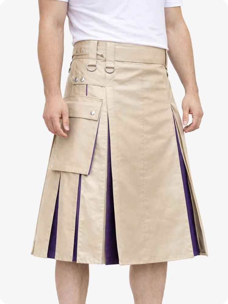 Beige Cream Leather Utility Kilt with Purple Pleats, Side Pockets & D-Ring Hardware