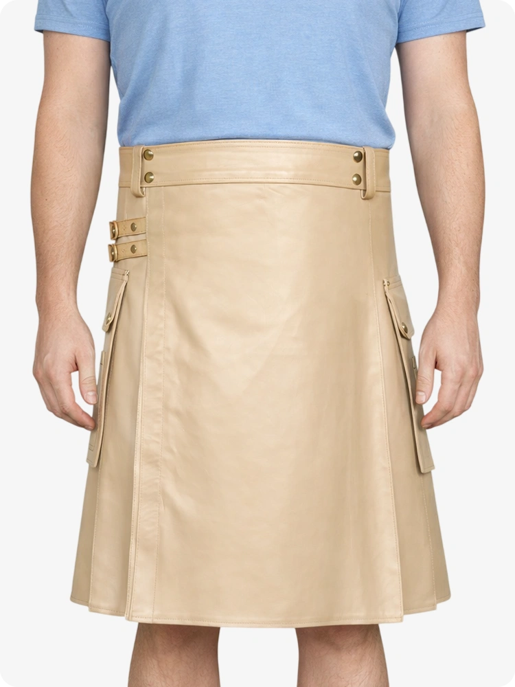 Biege Cream Genuine Leather Utility Kilt with Side Pockets