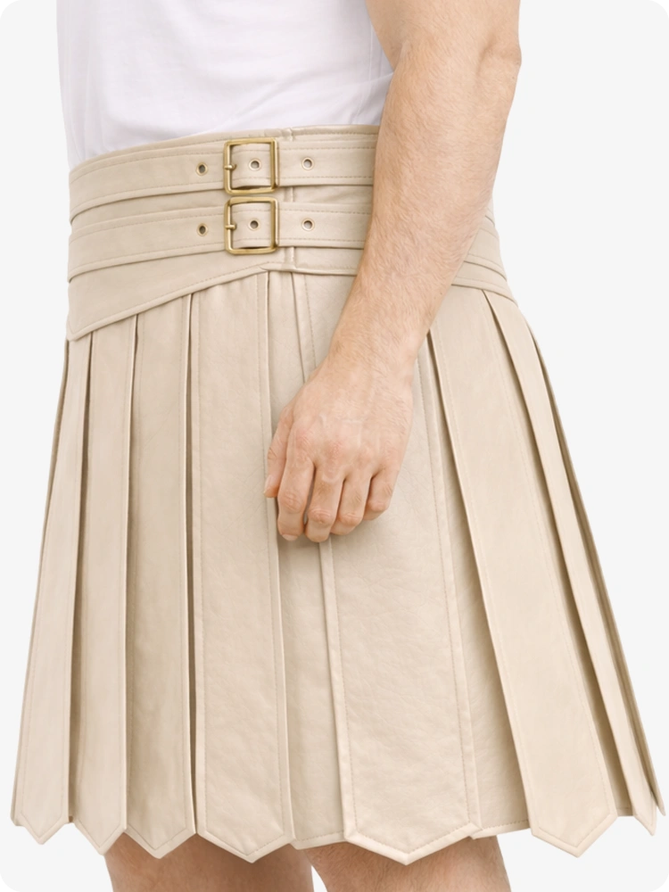 Biege Cream Leather Highland Kilt Adjustable Buckle Waist & Classic Pleats