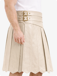 Biege Cream Leather Highland Kilt Adjustable Buckle Waist & Classic Pleats