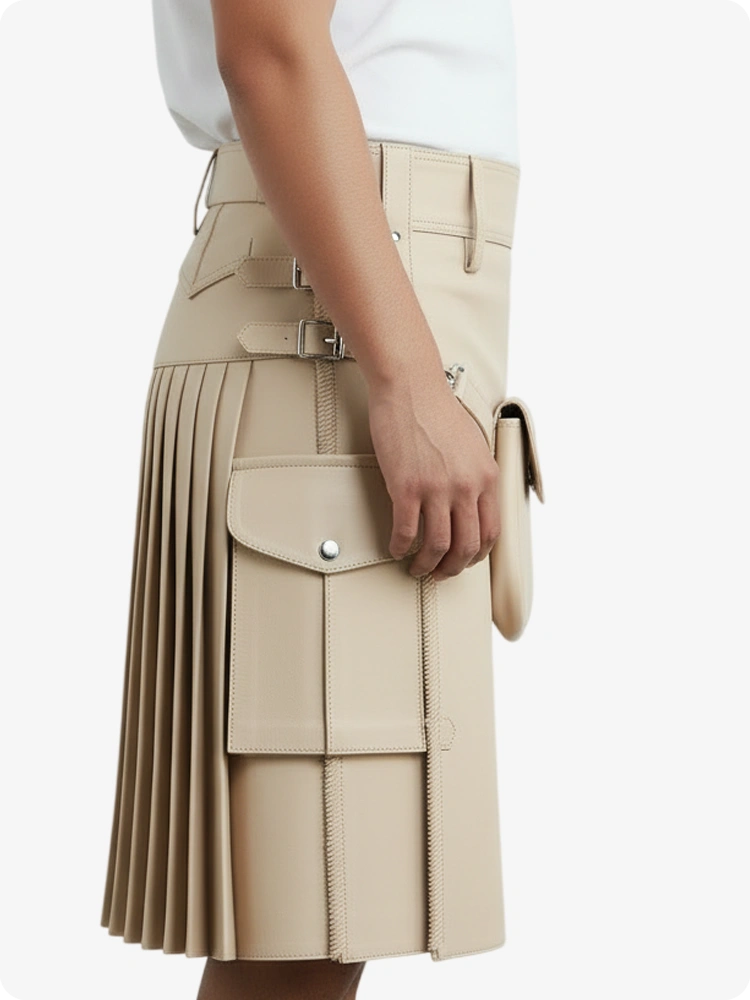 Kilt in pelle pieghettato crema beige con passanti cintura e cinghie laterali