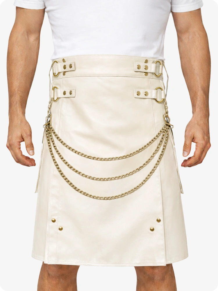 Kilt utility in pelle crema beige con dettagli a catena e cinghie regolabili