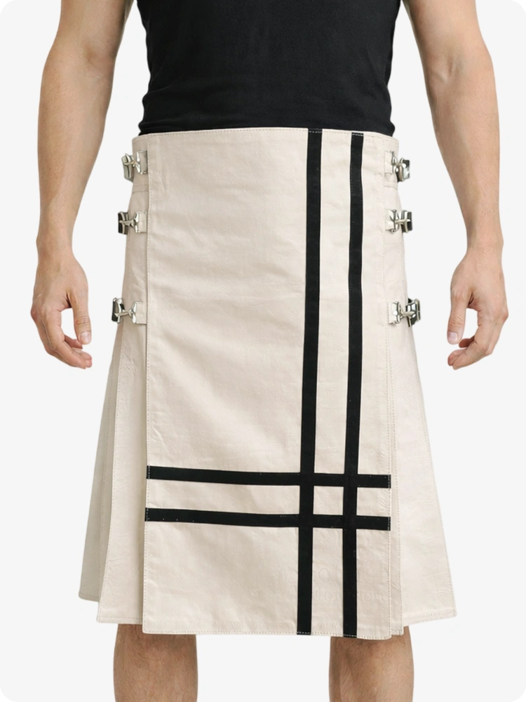Biege Cream Leather Utility Kilt with Side Buckles & Pleated Back