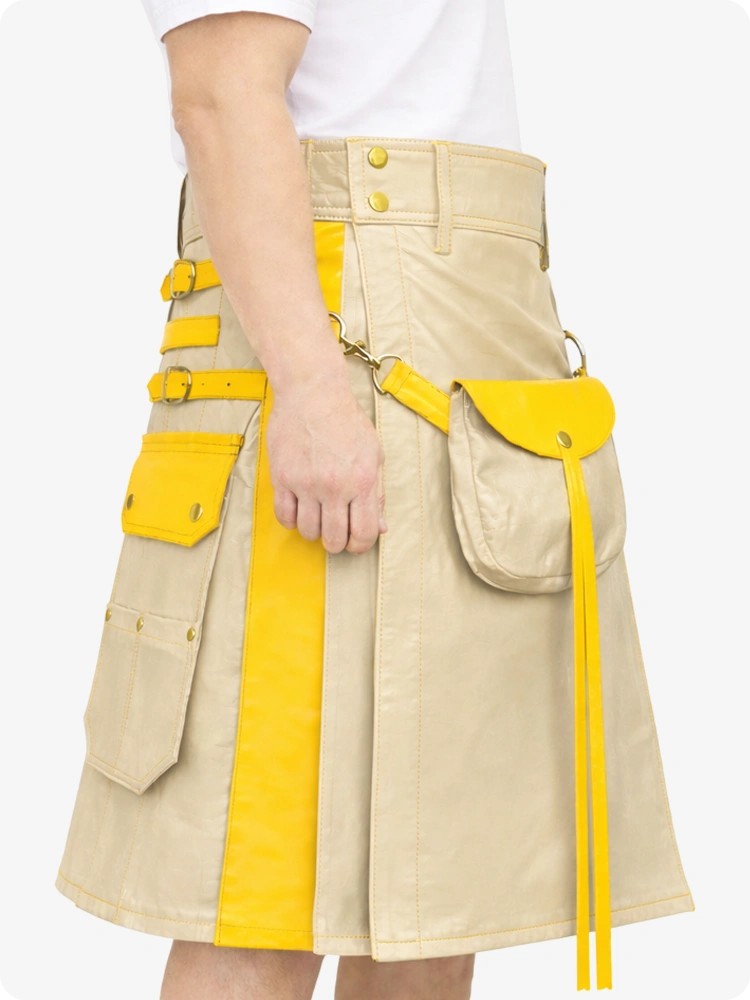 Beige and yellow skirt with multiple pockets and straps on a white background