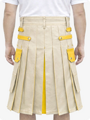 Beige kilt with yellow accents worn by a person on a white background