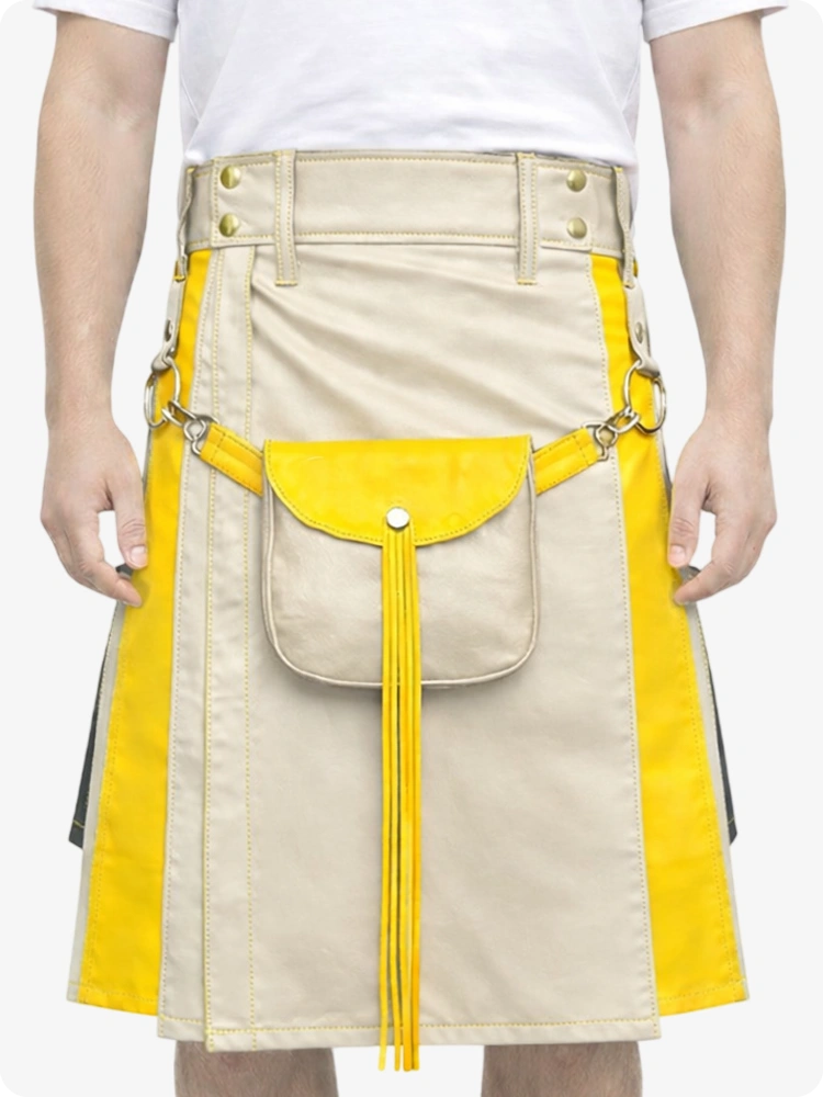 Person wearing a beige and yellow apron with a pocket and fringes on a white background
