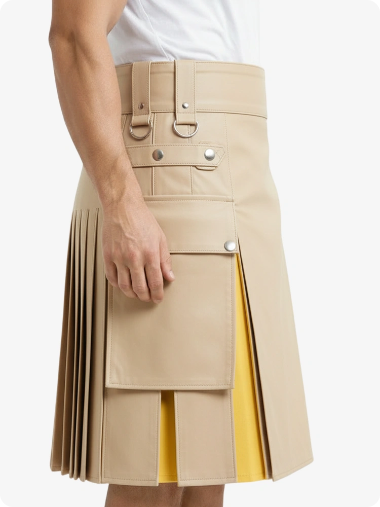 Kilt in pelle beige crema e giallo con tasche cargo