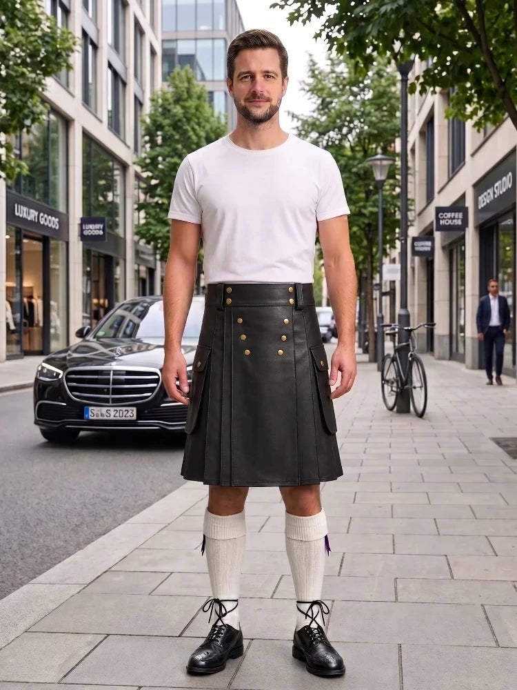 Black Cow Leather Utility Kilts for Men
