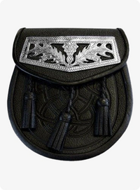 Black Celtic Embossed Thistle Plate Leather Sporran