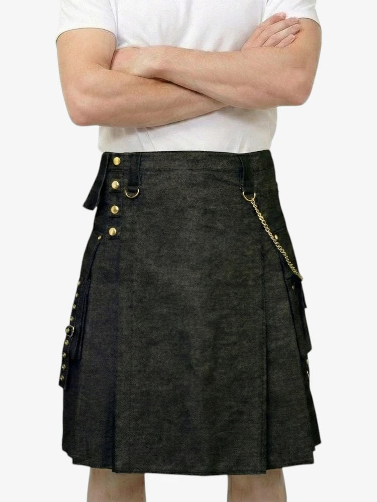 Gonna Scozzese in Denim Nero con Catena Dorata