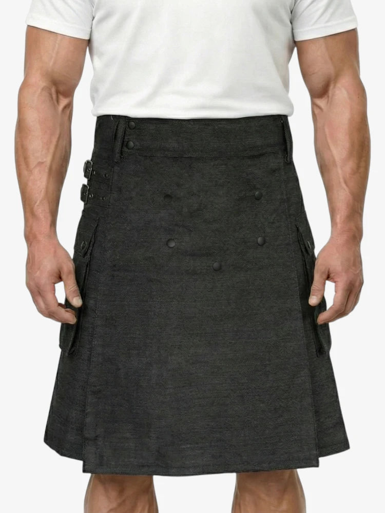 Gonna Scozzese in Denim Nero con Bottone a Pressione