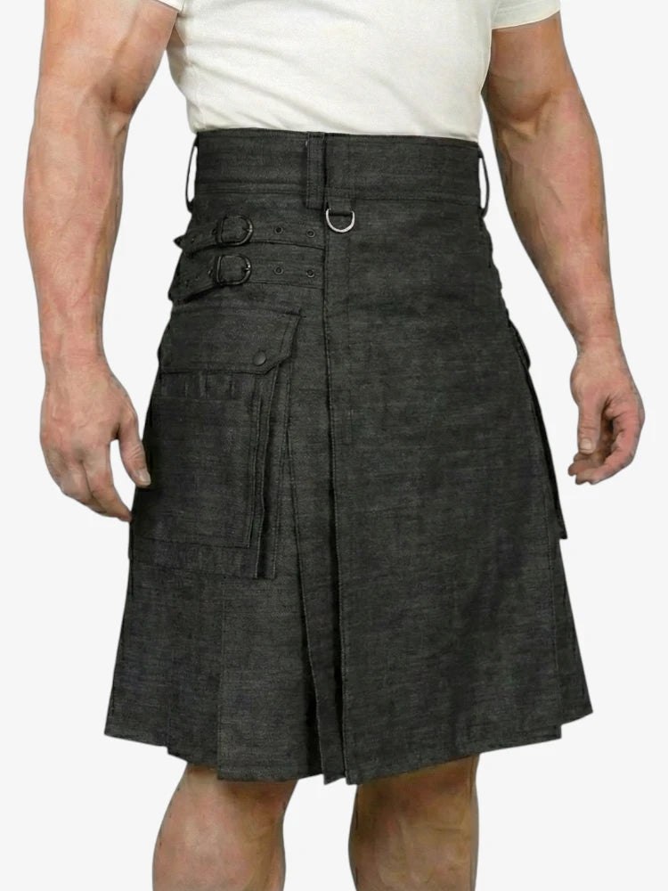 Gonna Scozzese in Denim Nero con Bottone a Pressione