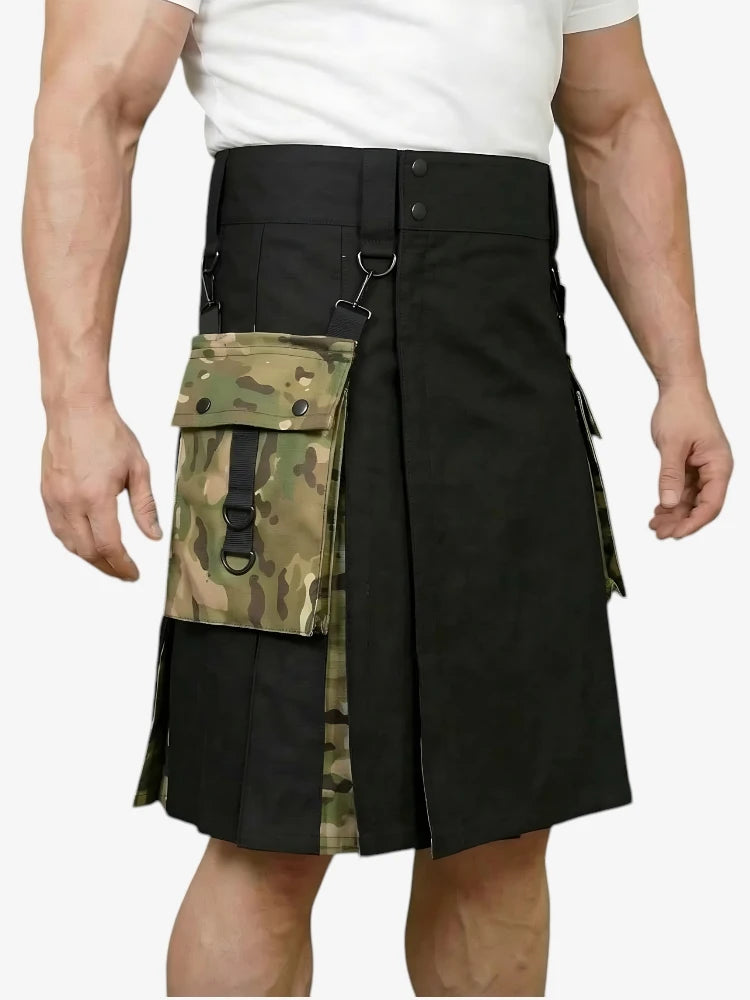 Gonna Scozzese Ibrida Nera con Tasche Laterali Mimetiche