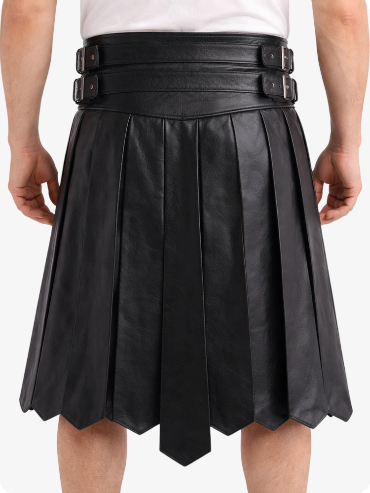 Black pleated leather skirt with belt on a white background
