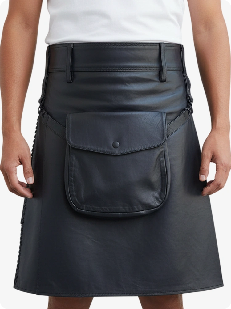 Kilt in pelle pieghettato nero con passanti cintura e cinghie laterali