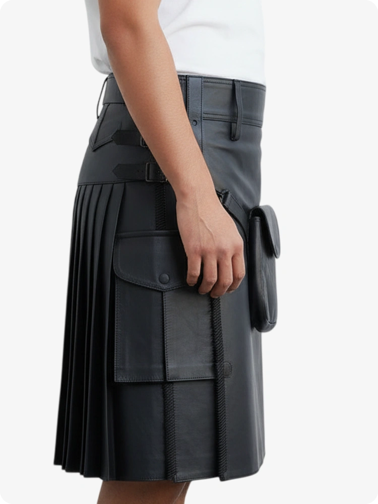 Kilt in pelle pieghettato nero con passanti cintura e cinghie laterali