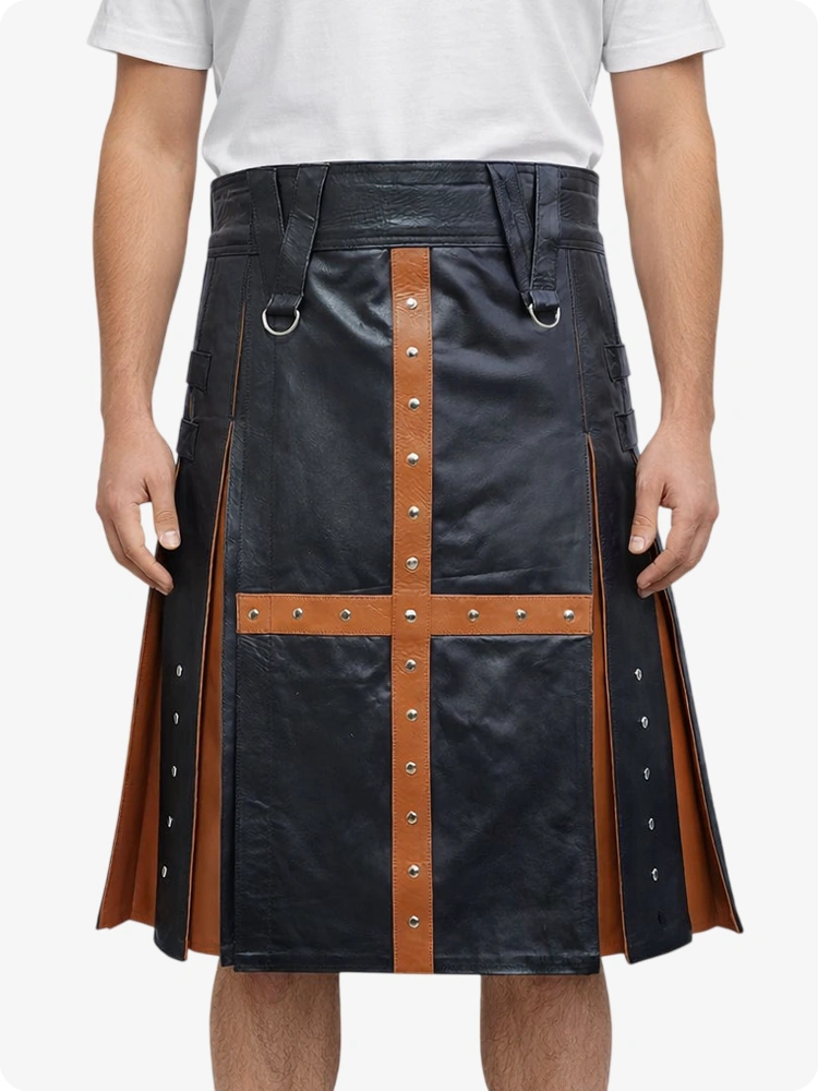 Black Leather Utility Kilt with Brown Cross Panel & Metal Rivet Detailing