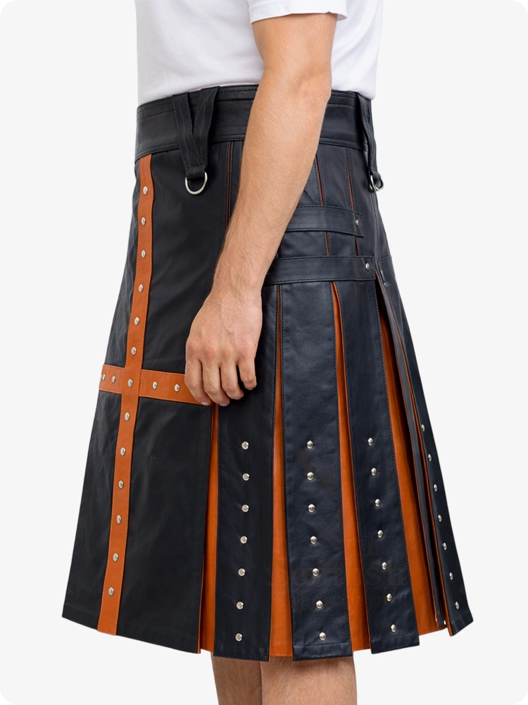 Black leather kilt with brown accents and silver studs on a white background