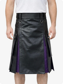 Black leather kilt with purple accents worn by a person on a white background