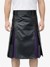 Black leather kilt with purple accents worn by a person on a white background