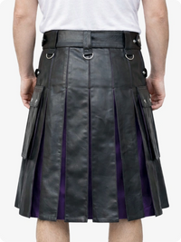 Black leather kilt with purple lining worn by a person on a white background