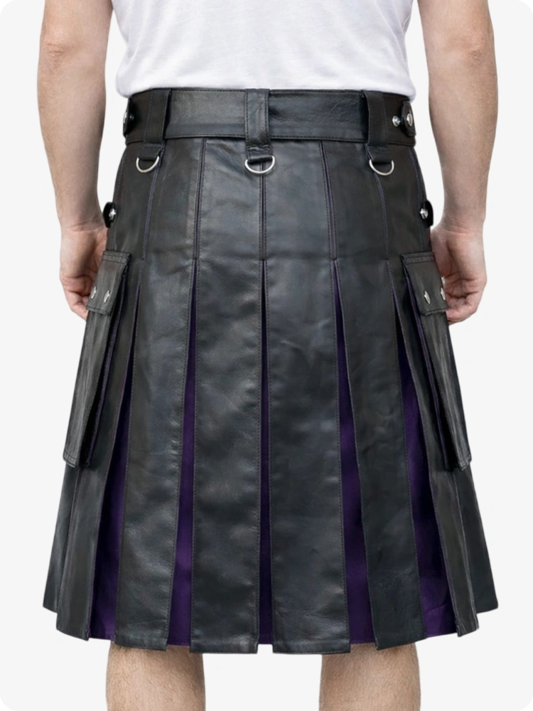 Black leather kilt with purple lining worn by a person on a white background