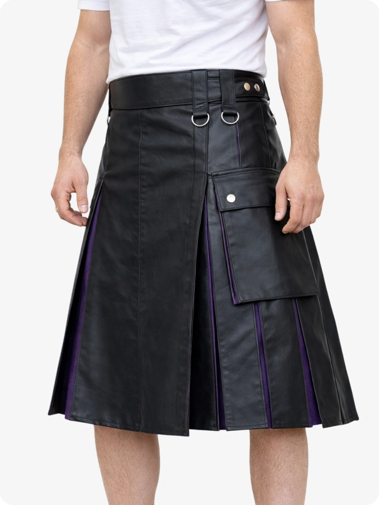 Black leather skirt with purple accents worn by a person on a white background