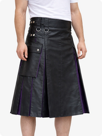 Black leather skirt with purple accents worn by a person on a white background