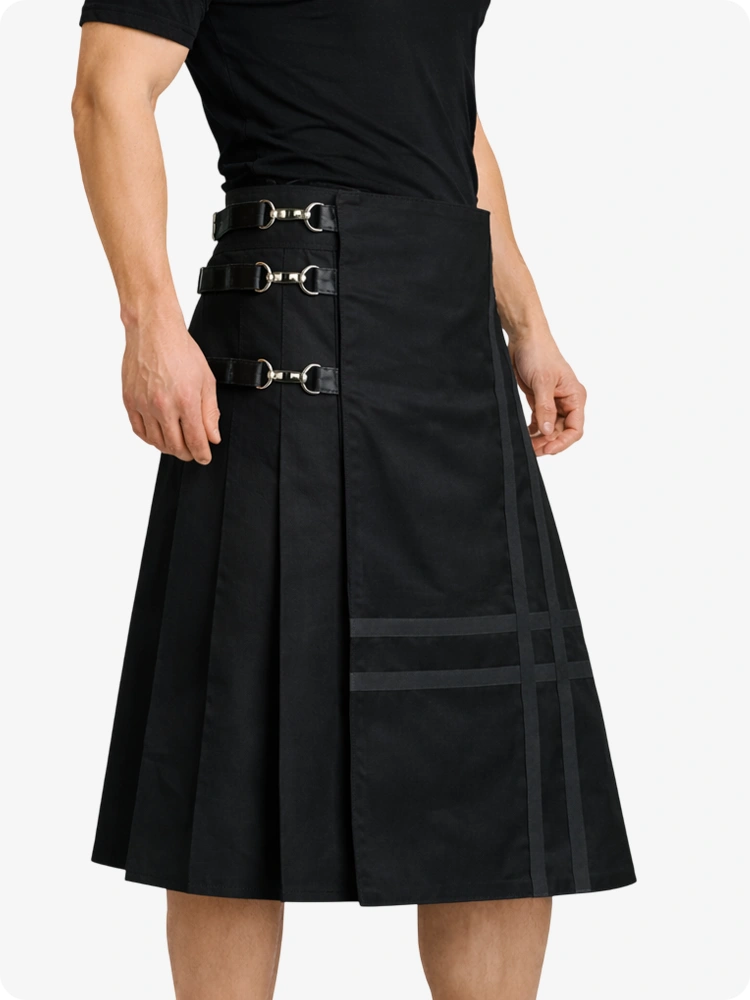 Black Leather Utility Kilt with Side Buckles & Pleated Back