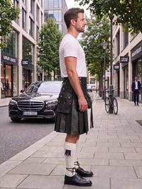 A man standing on a city sidewalk wearing a black leather kilt, white t-shirt, white knee-high socks, and black leather shoes. A black Mercedes-Benz car is parked in the background on a city street.