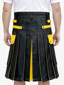 Black kilt with yellow accents worn by a person on a white background