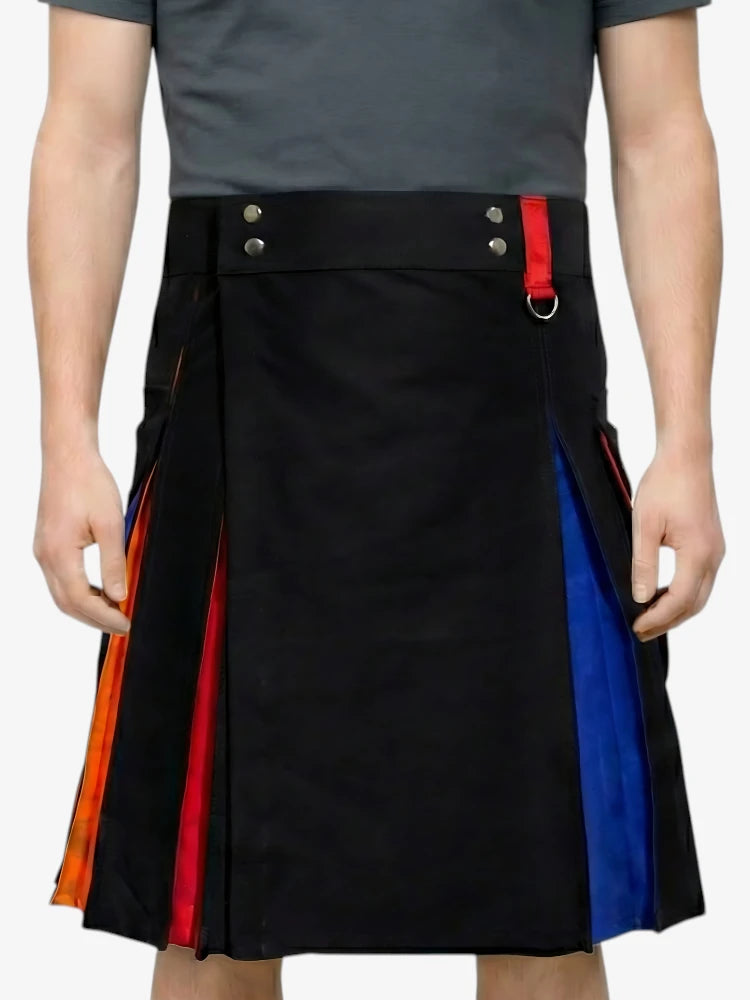 Kilt Rainbow Nero con Pieghe Rosse e Blu