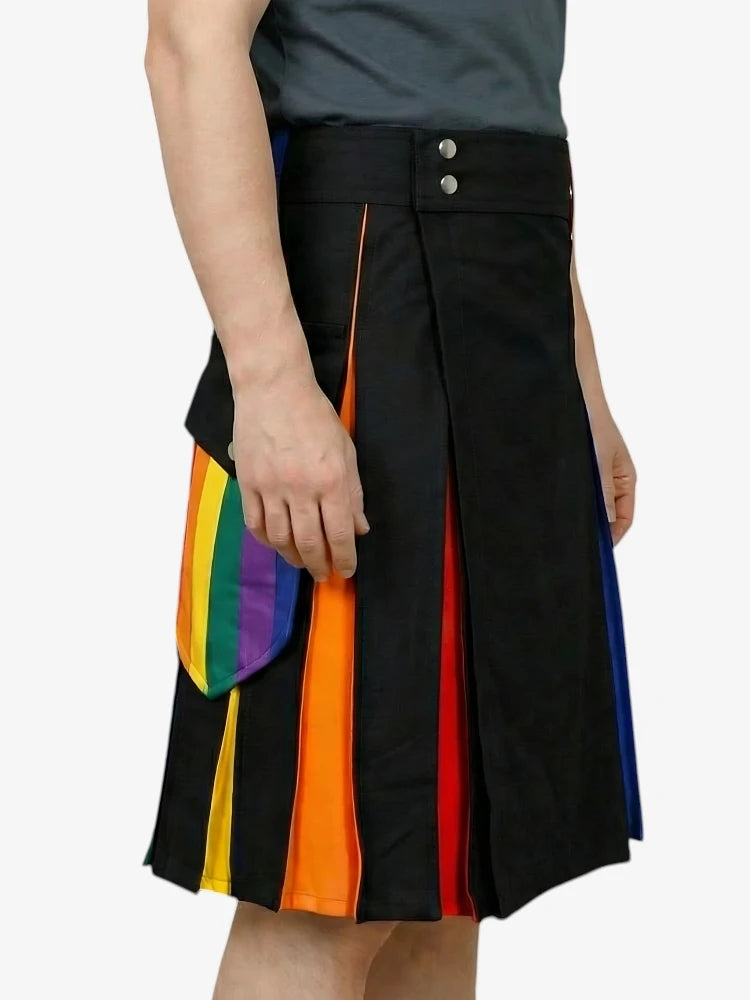 Kilt Rainbow Nero con Pieghe Rosse e Blu