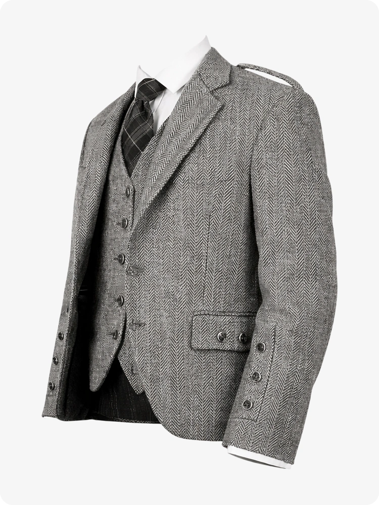 Gray tweed suit jacket on a white background