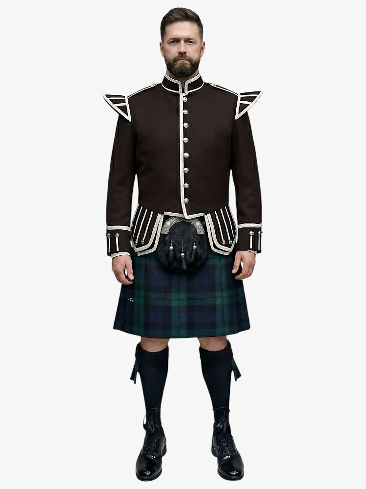 Completo Kilt Doublet Tartan Black Watch con Giacca Marrone Scuro