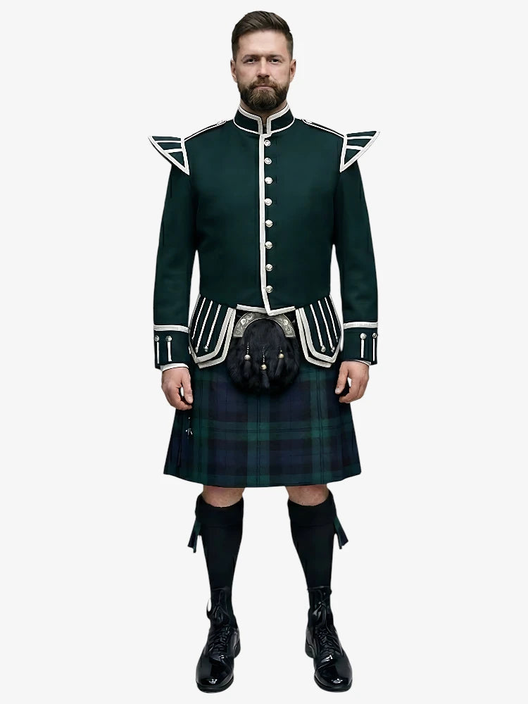 Completo Kilt Doublet Tartan Black Watch con Giacca Verde Scuro