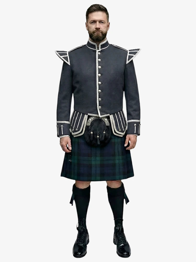 Completo Kilt Doublet in Tartan Black Watch con Giacca Grigio Scuro