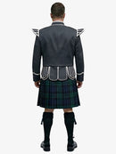 Person wearing a dark gray jacket with white accents and a black watch tartan plaid kilt on a white background