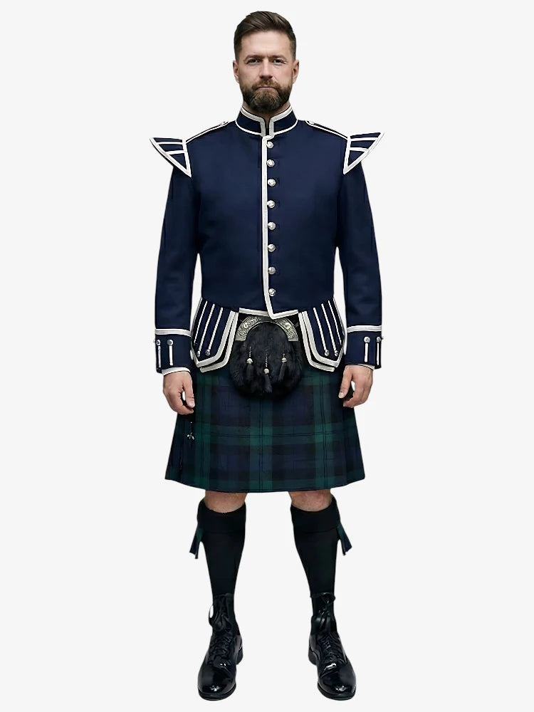 Completo Kilt Doublet in Tartan Black Watch con Giacca Blu Navy